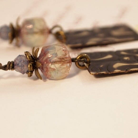 Brass Hand Embossed Earrings Czech Glass Earrings Hand Patina Brass Earrings - Picture 11 of 11